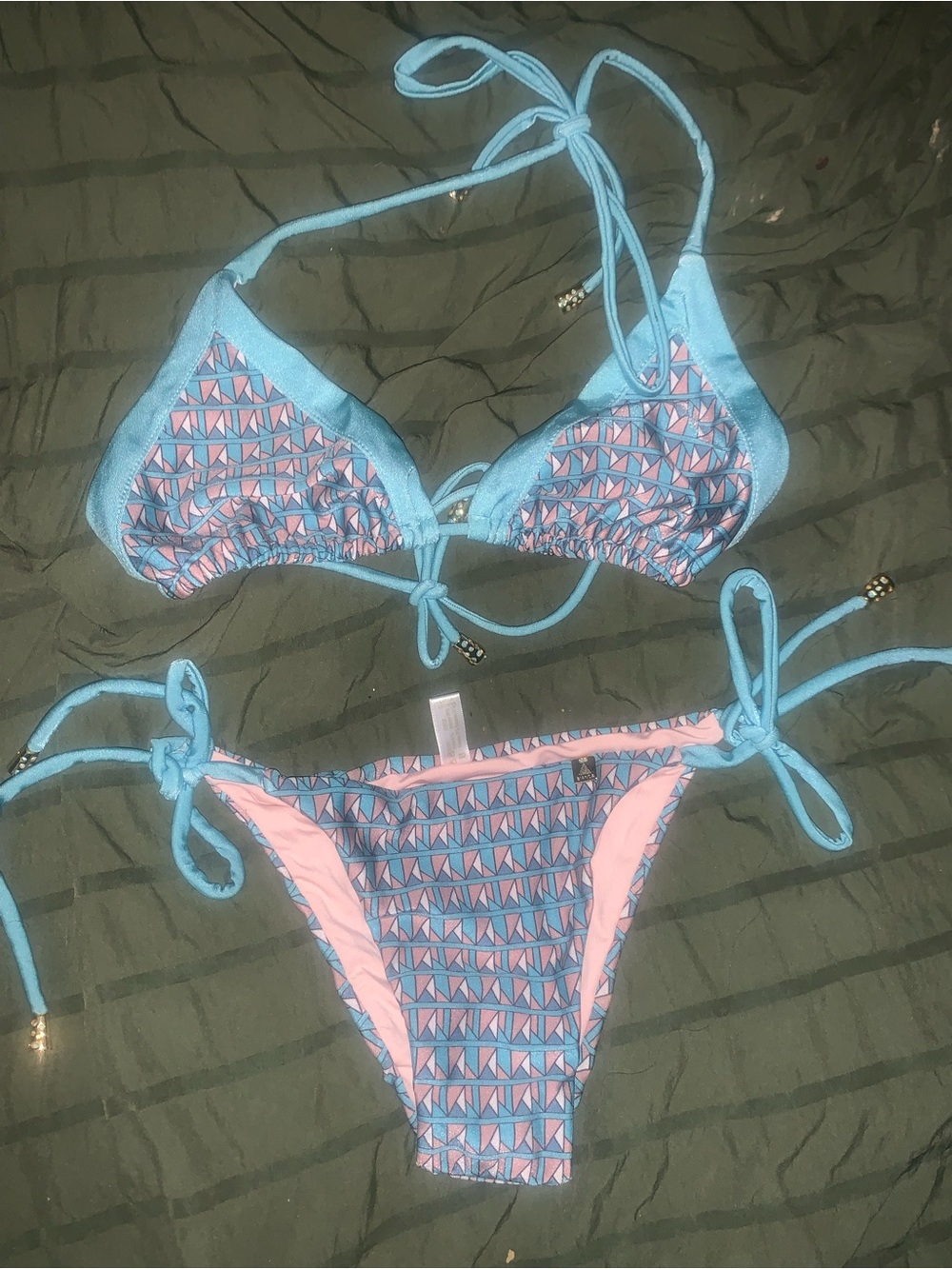 Light Blue & Pink Triangle Print String Bikini Set